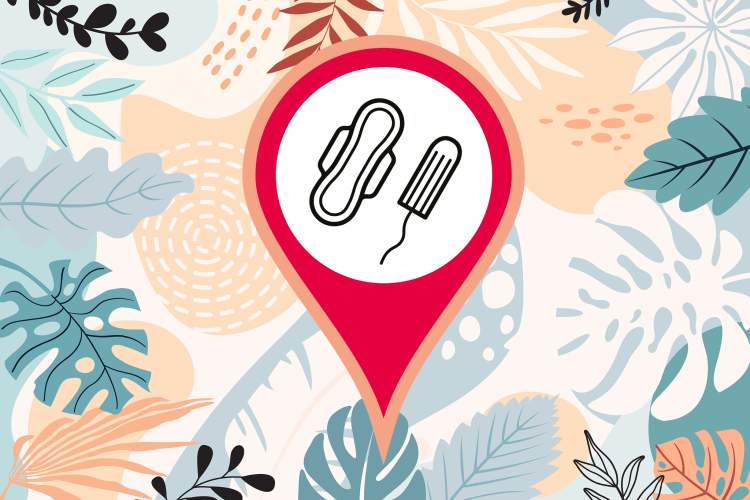 Protections mentruelles sur fond coloré avec symbole de lieu